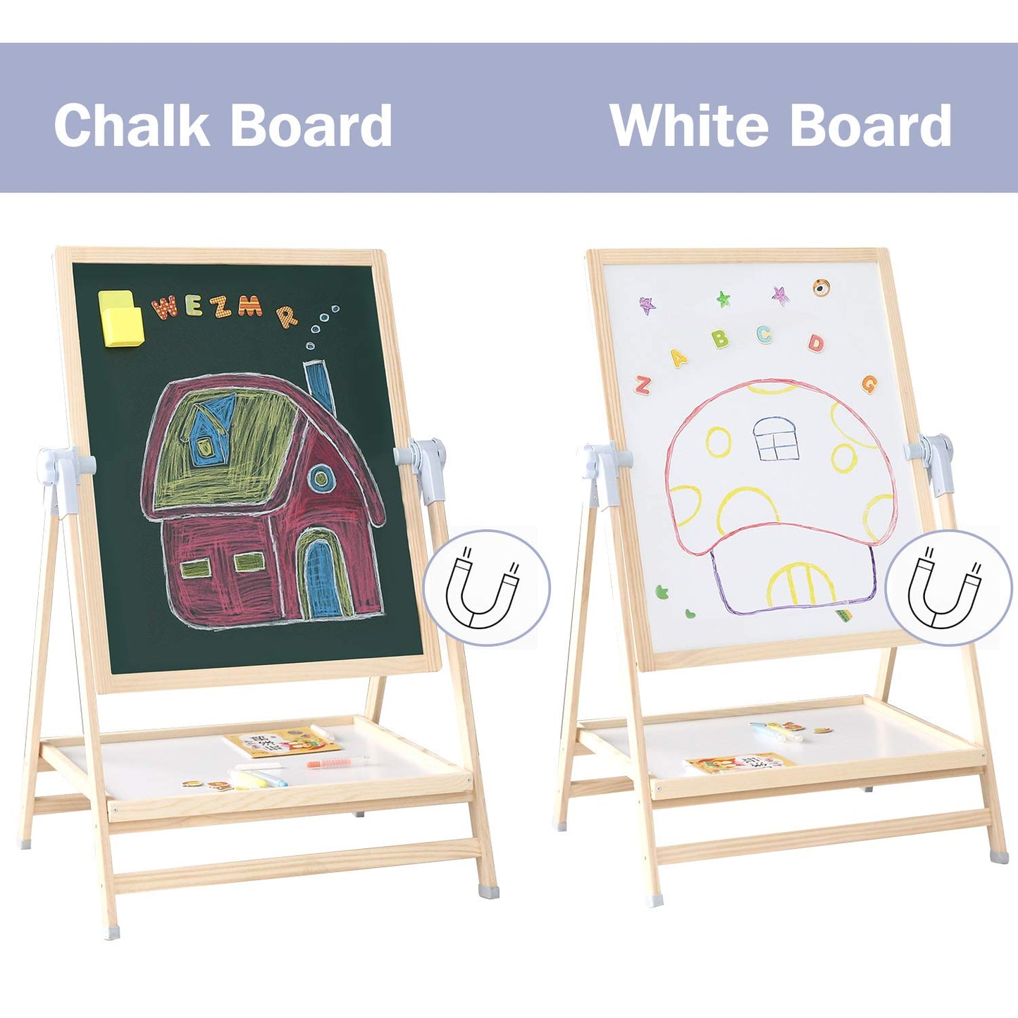 QZMTOY Kids Art Easel, Deluxe Standing Easel Set, Adjustable Art Table, Dry Erase Board&Chalkboard Double Sided Stand, 360°Rotating Drawing Easels with Art Supplies, Adjust Height 28-39in