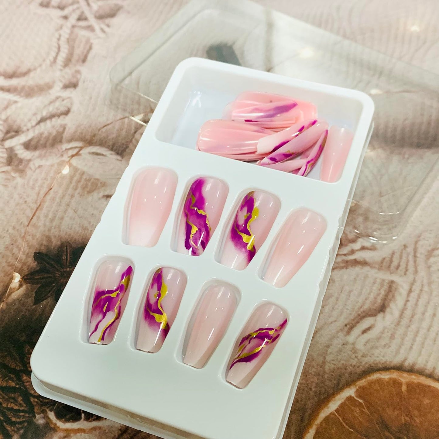 Vezocim Pink Press on Nails Square 24Pcs Glossy Full Cover Medium Acrylic Square False Nails with Marble Designs Artificial Coffin Reusable Fake Nails Glue ons Fingernails for Women Girls