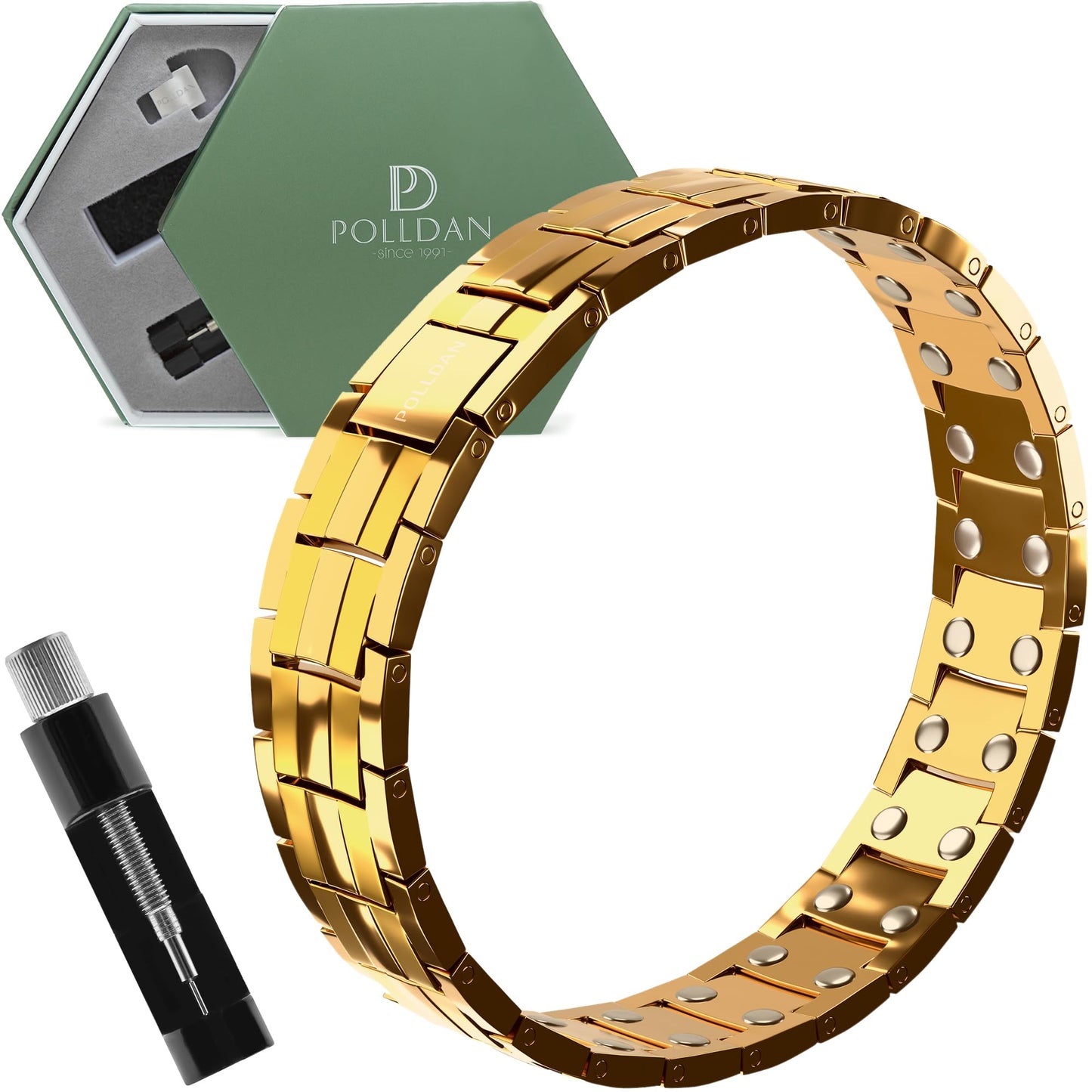 POLLDAN® 3X Power Magnetic Bracelets For Men | 6200 Gauss Strength Mens Titanium Bracelet with Fold-Over Clasp, Adjustable Length, Gift Box, Sizing Tool | Innovative Magnets Alloy - Patent (2X Gold)