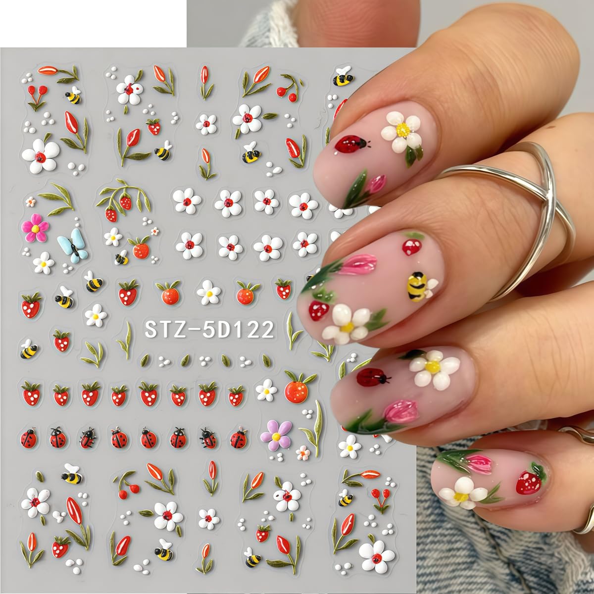 3 Sheets Flower Nail Art Stickers Decals 5D Self-Adhesive Nail Decals Spring/Summer Sea Style Designs, Self-Adhesive Decals for Women's Nail DIY Decoration
