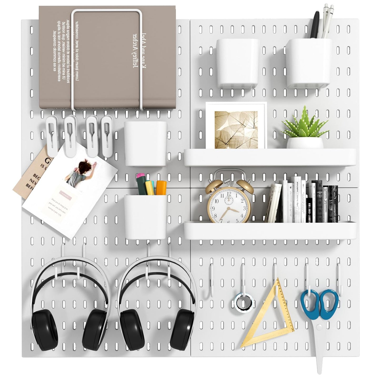 VEOFEMLEA Peg Board Combination Kit, 4 Pegboards with 20 Accessories, Pegboard Wall Organizer for Office, Nursery & Home Storage, Key Holder, 25.6"x25.6" – Nail-Free Installation（White）