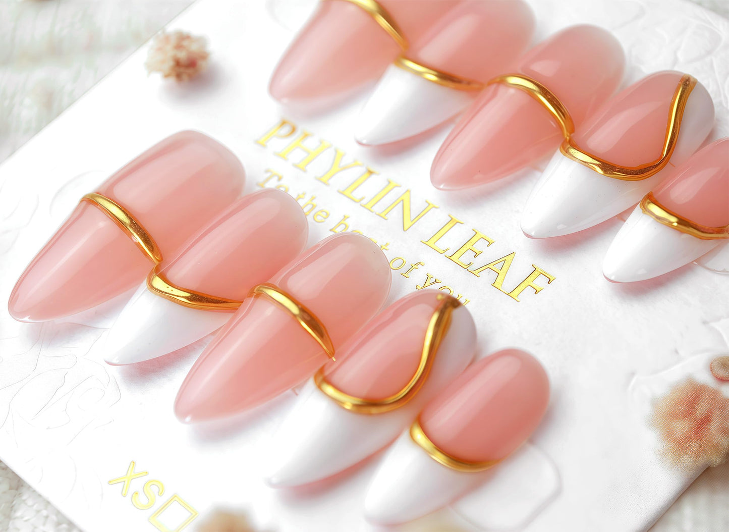 Handmade Press On Nails impress Fake Nails Medium Almond Oval French nails 3D Pink and Gold bordering Hand Finger Manicure False press ons Nail Artificial (S size)