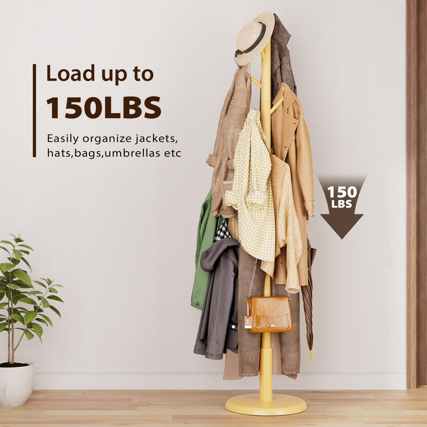 Taitiy Solid Wood Coat Rack Freestanding Coat Tree with 10 Hooks for Bedroom, Livingroom, Entryway, Sturdy Coat Hanger Stand for Hats, Coats, Scarves, Handbags, Purses
