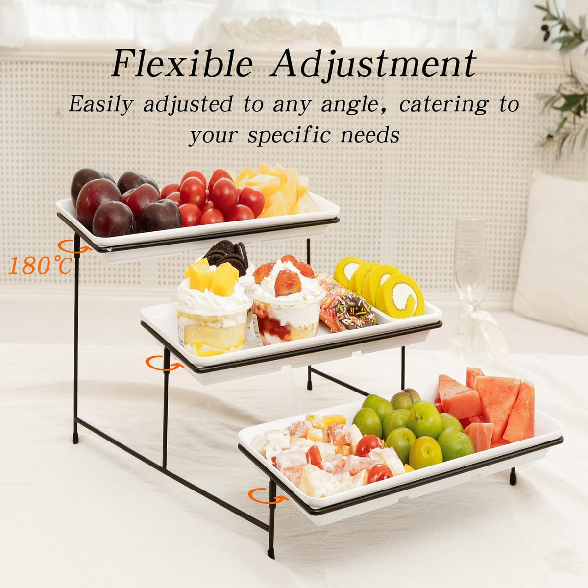 3 Tier Serving Tray for Party 14" White Reusable Dessert Table Display Set Black Metal Cupcake Stand Cookie Serving Platter for Serving Food Party Collapsible Sturdier Fruit Tiered Tray Stand Sturdier