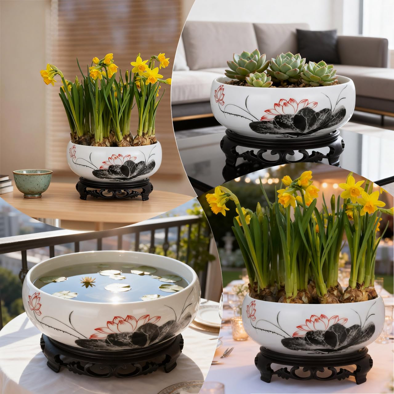 Homoyoyo Plant Container Bowl Ceramic Succulent Pots Decorative Glazed Shallow Succulent Planter with Base Stand for Home Desk Decor