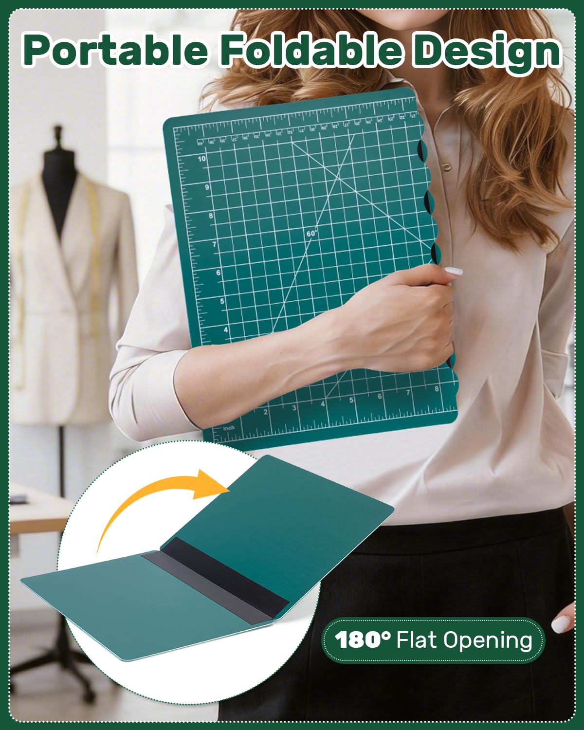 Tujurich Foldable Self-Healing Cutting Mat, 17” x 11”, Double-Sided Rotary Cutting Mat for Sewing, Quilting, Scrapbooking, Fabric Craft & Hobby Use, Craft Cutting Board(A3), Green