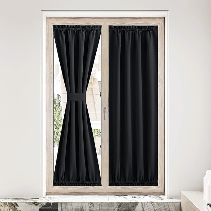NICETOWN Room Darkening Blackout Window Curtain, Thermal Insulated Solid Color Energy Saving Decorative French Door Curtains for Home Office Living Room 36W x 80L Inch, Black, 1 Panel