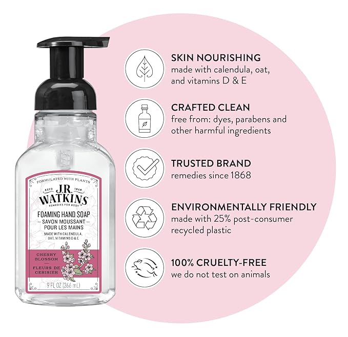 J.R. Watkins Foaming Hand Soap Pump with Dispenser, Moisturizing Foam, Alcohol-Free, Cruelty-Free, Use as Kitchen or Bathroom Soap, Cherry Blossom, 9 fl oz, 3 Pack