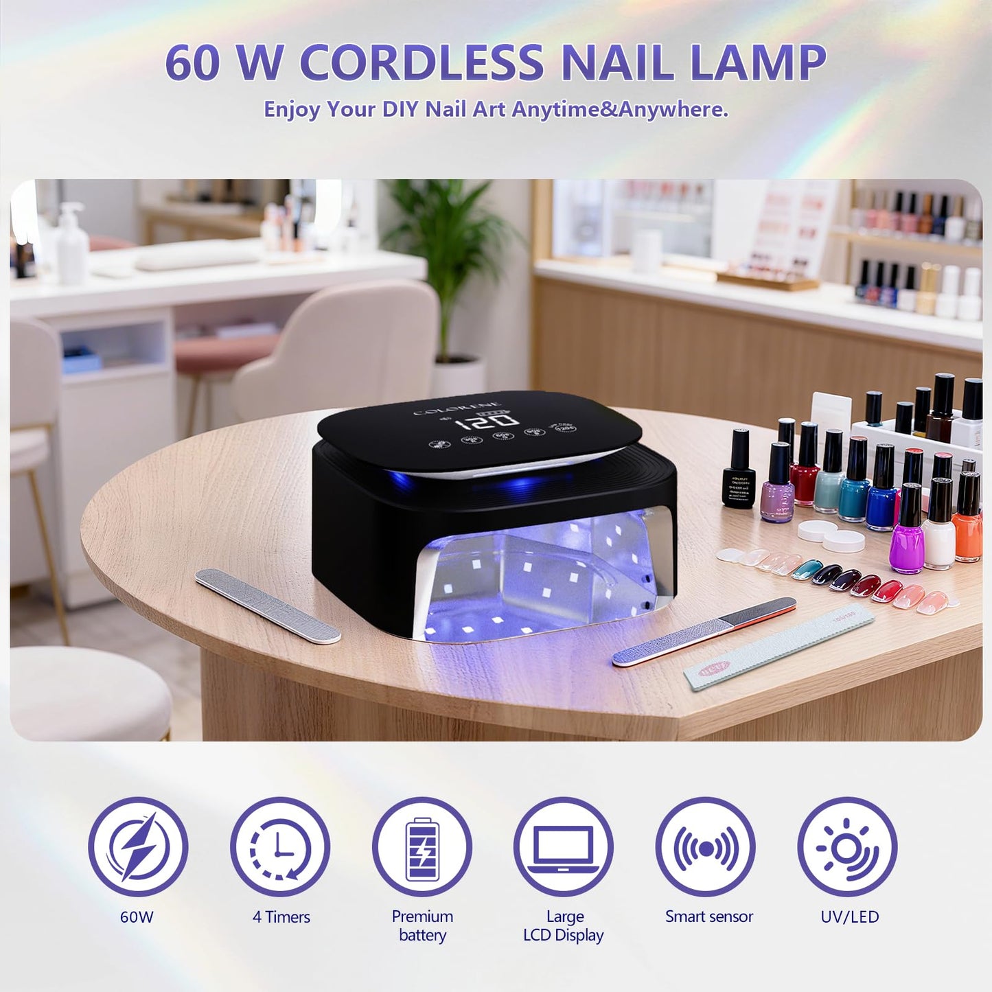 BETE 60W Cordless UV LED Nail Lamp - Rechargeable Gel Polish Dryer with Auto Sensor, 30 Beads & 4 Timer Settings Portable for Home/Salon Black