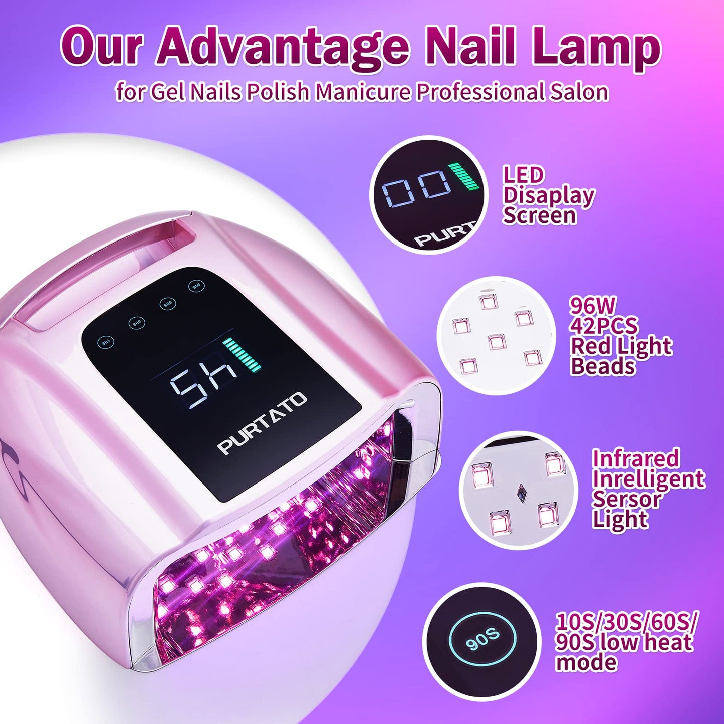 PURTATO Professional Rechargeable 96W UV LED Portable Cordless UV Light for Nail Lamp Machine with Removable Stainless Steel Bottom,4 Timer Setting and Smart Sensor Nail Dryer (Plating Pink)