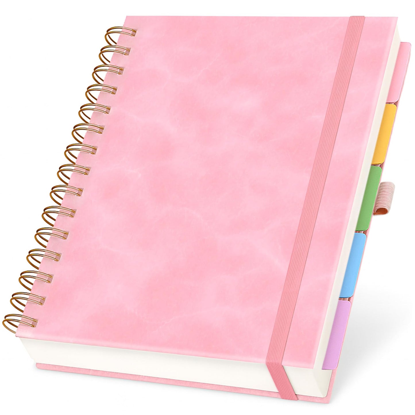 Hardcover Leather Lined Spiral Notebook 8x10" with Removable Dividers - Pink - 300 Pages 5 Subject College Ruled Notebook for Work with Tabs, Pockets, and Pen Loop for Note Taking, Large Journal