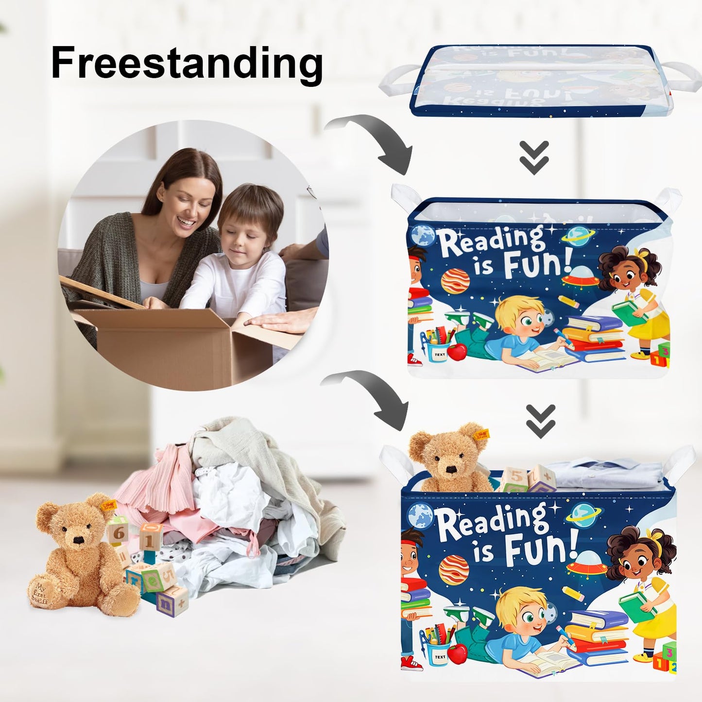 Clastyle Space Reading Fun Study Book Kid Storage Basket Baby Laundry Hamper Boy Gift Toy Box Collapsible Clothes Organizer Nursery Bin for Bedroom, Rocket, 40*30*30 cm