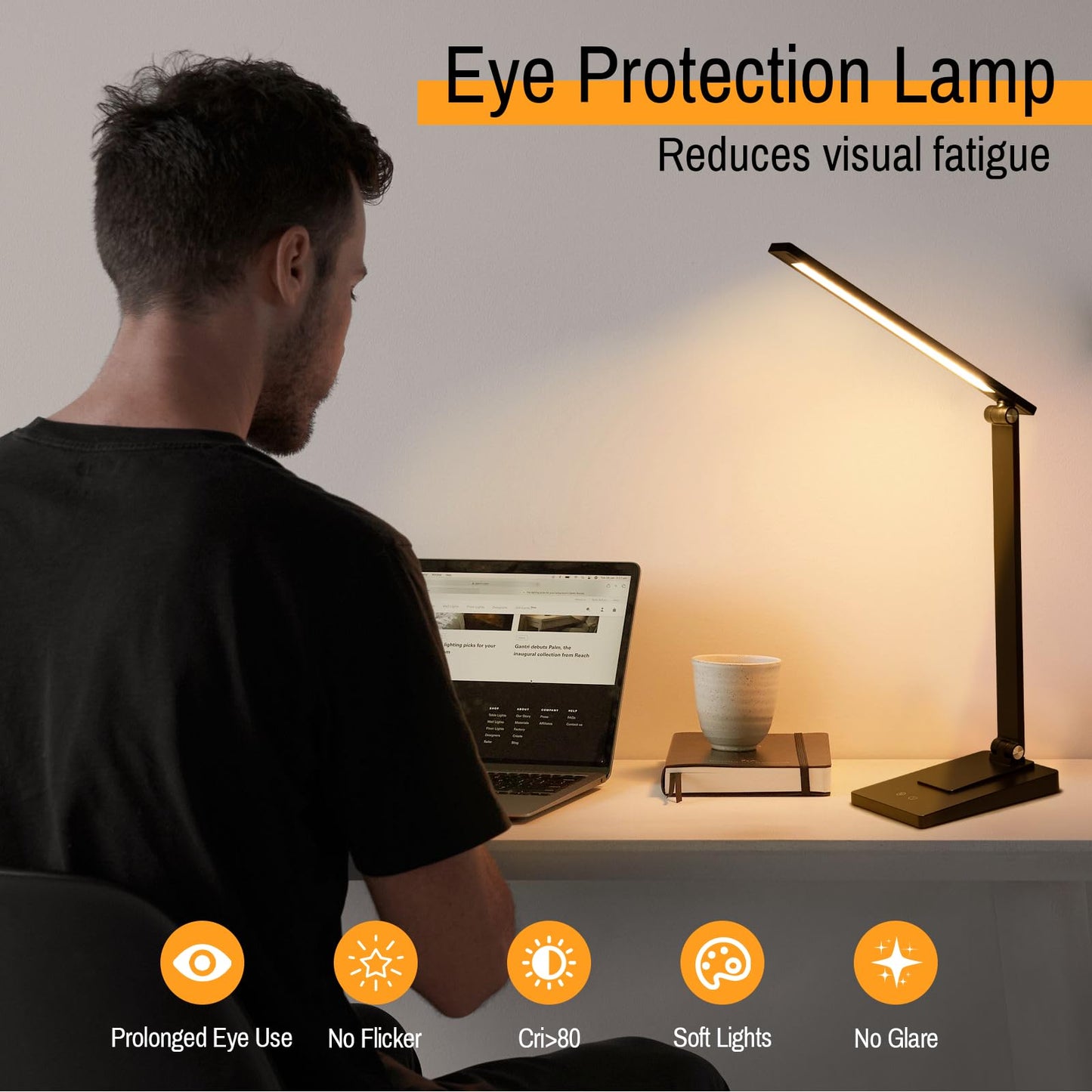 ErayLife Rechargeable LED Desk Lamp, 800LM 2600mAh Reading Table Lamp, 5 Color Modes 5 Brightness Touch LED Desk Lamps, Bedside Lamp with USB Charging Port for Study Home Office Nail, Black
