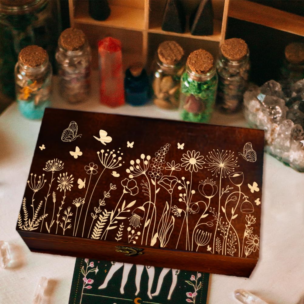 arricraft 1 Pc Wooden Memory Keepsake Box, Wildflower Cluster Butterflies Engraved Pattern Rectangle Pine Tarot Box for Anniversary Jewelry Board Storage (9.45x5.51x3.54 Inch)
