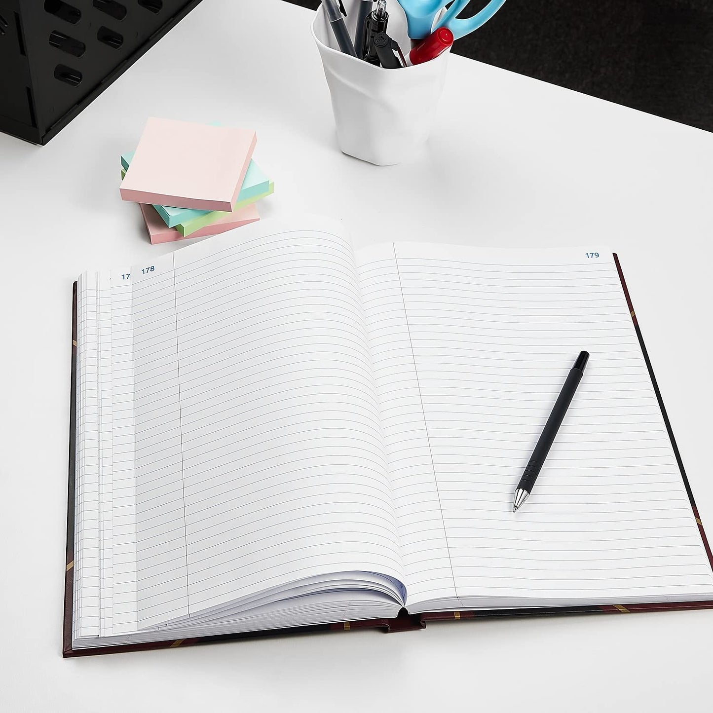 Staples Black Record Book, Hardbound, 300 Numbered Pages, 11-3/4" x 7-1/4", Durable Sewn Binding Notebook for Logs, Records & Note‑Taking