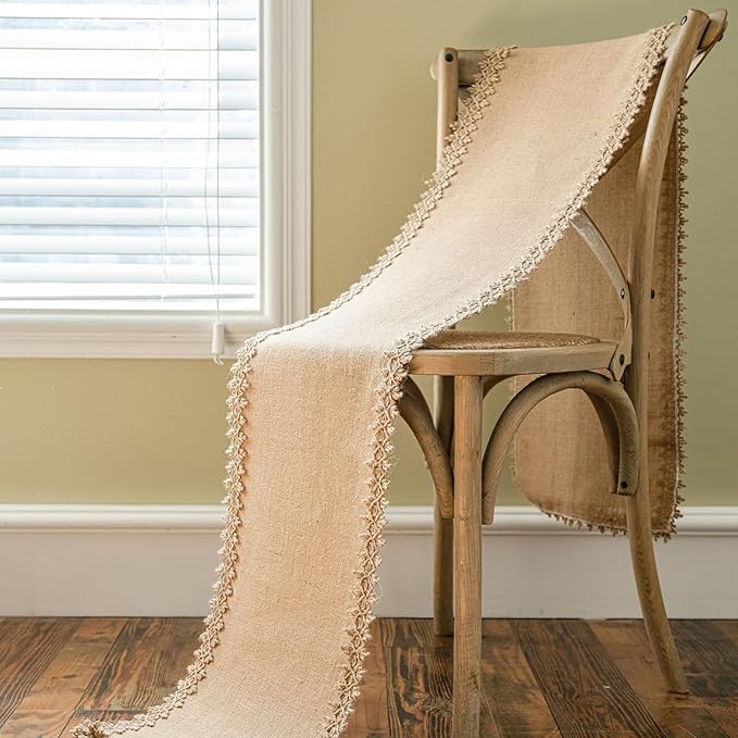 Natural Jute Table Runner, Burlap Style Table Runner, Rustic Farmhouse Table Runner Country Vintage for Wedding, Party Table Decorations, Boho Décor Jute Gold Tassel 12x95 inch TAB28