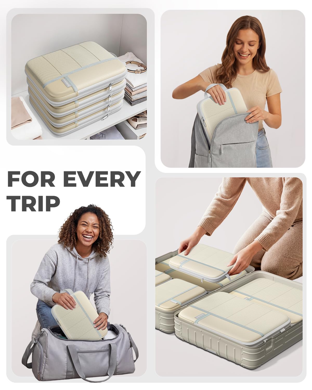 Percover Compression Packing Cubes 8-Piece Set, Packing Cubes Compression for Travel with Laundry Bag & Shoe Bag, Travel Organizer for Carry On & Checked Luggage, Beige