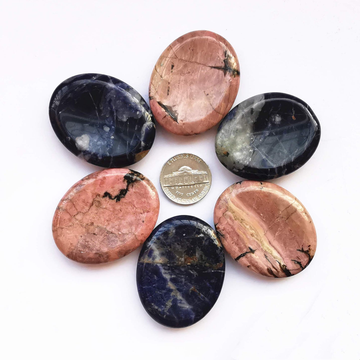 Bacatgem 2 Pcs Natural Sodalite and Rhodonite Crystal Thumb Worry Stone,Stress Relax Healing Reiki Crystal Pocket Palm Stones