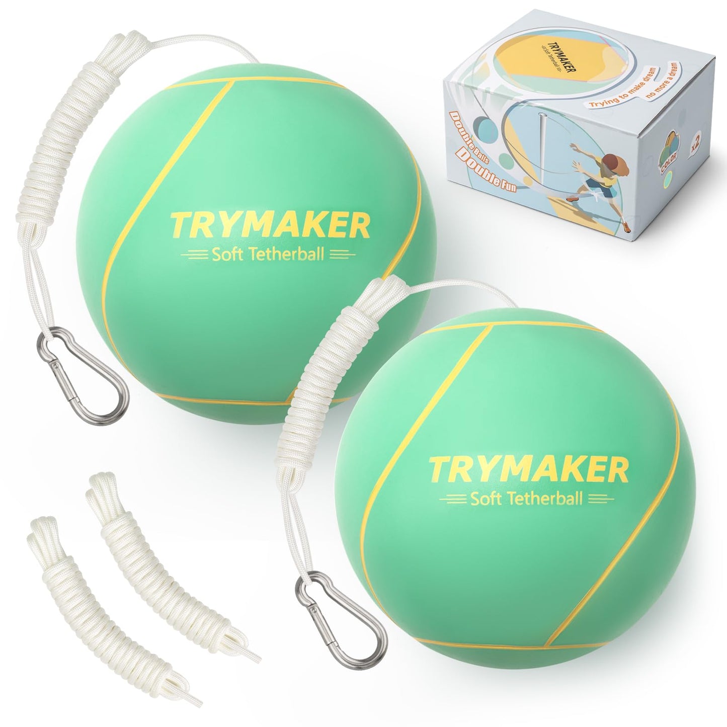 Trymaker Tetherball Ball and Rope, 2 Set in 1 Tether Balls and Rope Set, Replacement Tetherball for Adult Green Backyard Outdoors