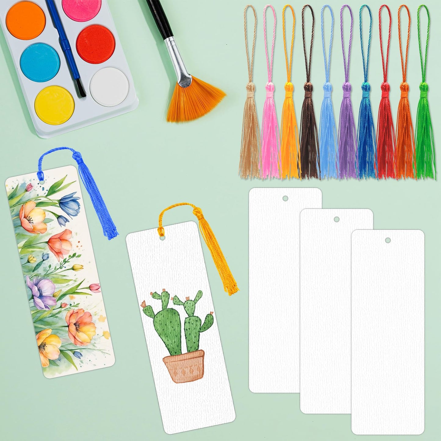 DSYIL 100 Sets Watercolor Paper Bookmarks with Tassels, Blank Book Marks Making Kit, Heavyweight Watercolor Paper Cards Bulk for Classroom Projects and DIY Craft, 5.5 x 2 Inches