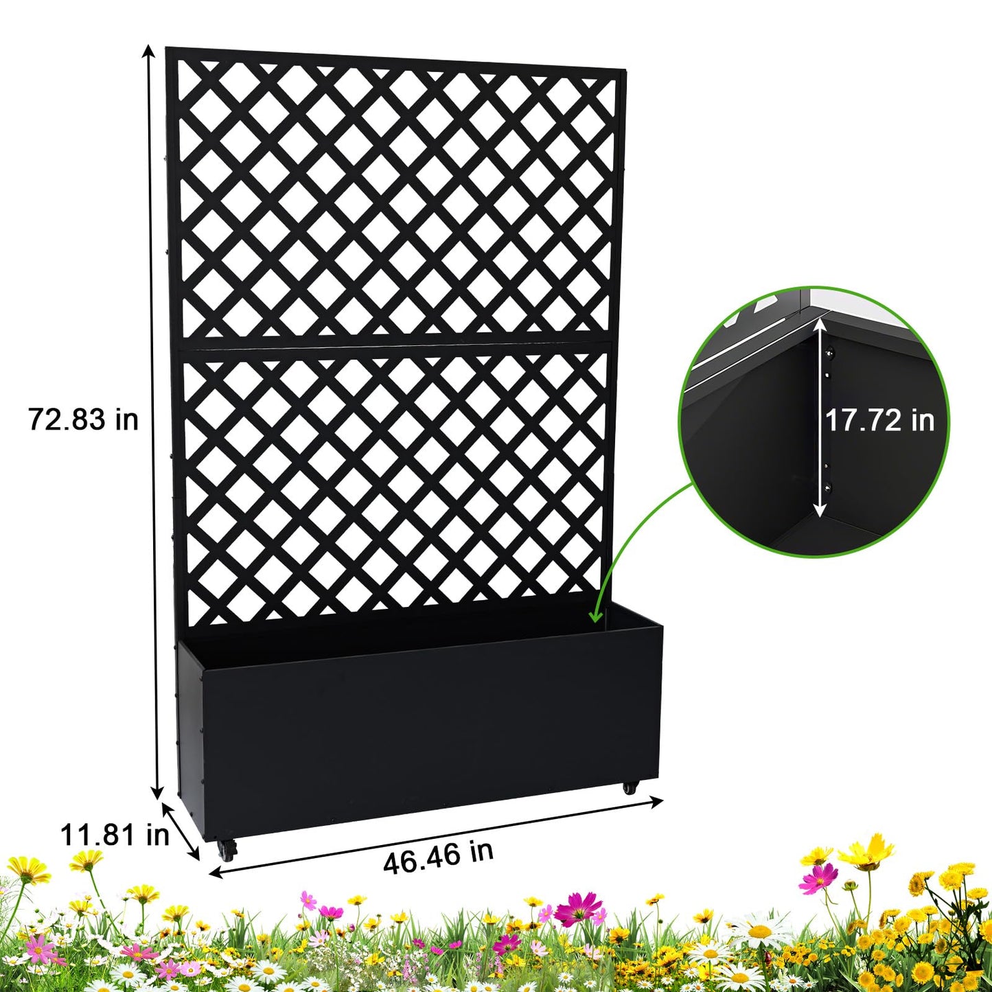 IDEALHOUSE 72" Raised Garden Bed with Trellis, Galvanized Steel Planter Box with Lockable Wheels, Mobile Privacy Screen for Climbing Plants Outdoor Patio Balcony, Black