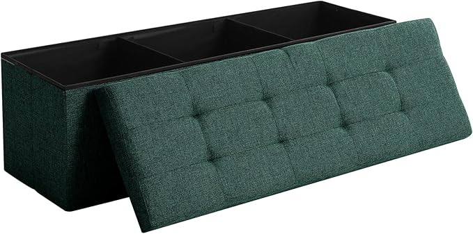 CUYOCA 45.3 Inches Ottoman Bench - Foldable Seat, Footrest, Shoe Bench, End of Bed Storage With Flipping Lid, 166L Space, Linen Fabric Emerald
