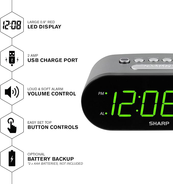 Sharp Digital Alarm Clock with 2A USB Charging and Green LED Display | 2A high-speed USB port; Easy-read green LEDs; Simple controls; Phone or tablet charging; Black
