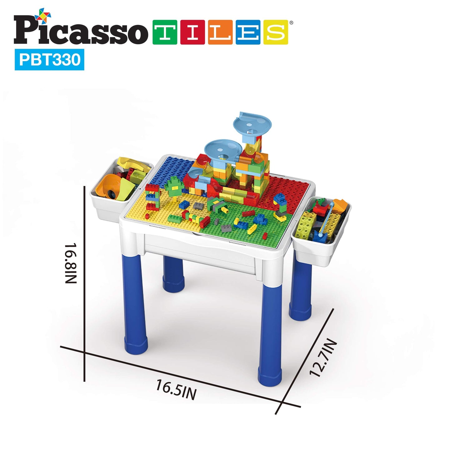 PicassoTiles Kids Activity Center Play Table & Study Desk Set Sandbox Water Tight Container Storage All-in-1 STEM Toy Kit Playset with 330pc Dual Size Building Bricks Construction Blocks Marble Run