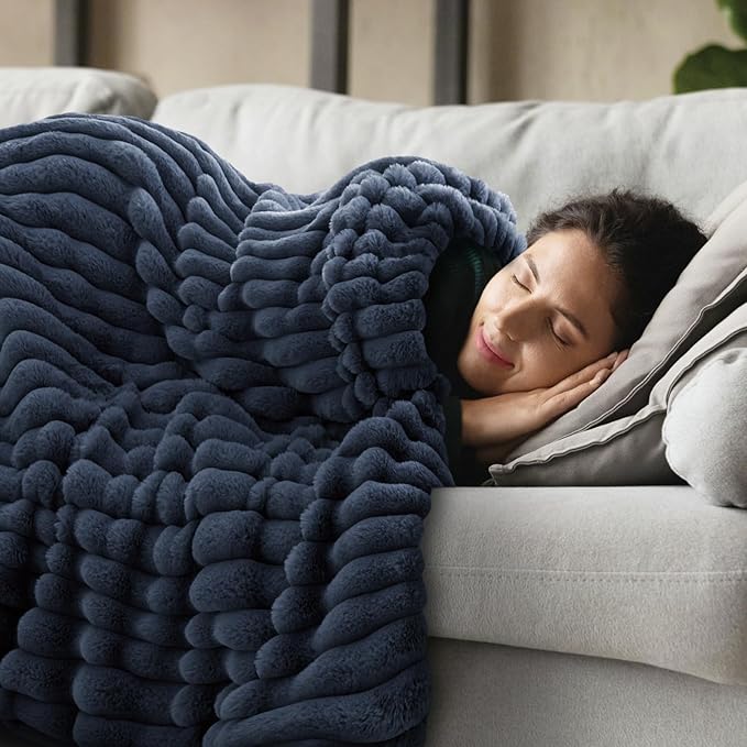 INFIIXSO Sherpa Throw Blanket for Couch - Super Soft & Warm Striped Fleece Blanket, Cozy Plush Fluffy Blanket All Season Use (Navy Blue, 50x60 Inches)