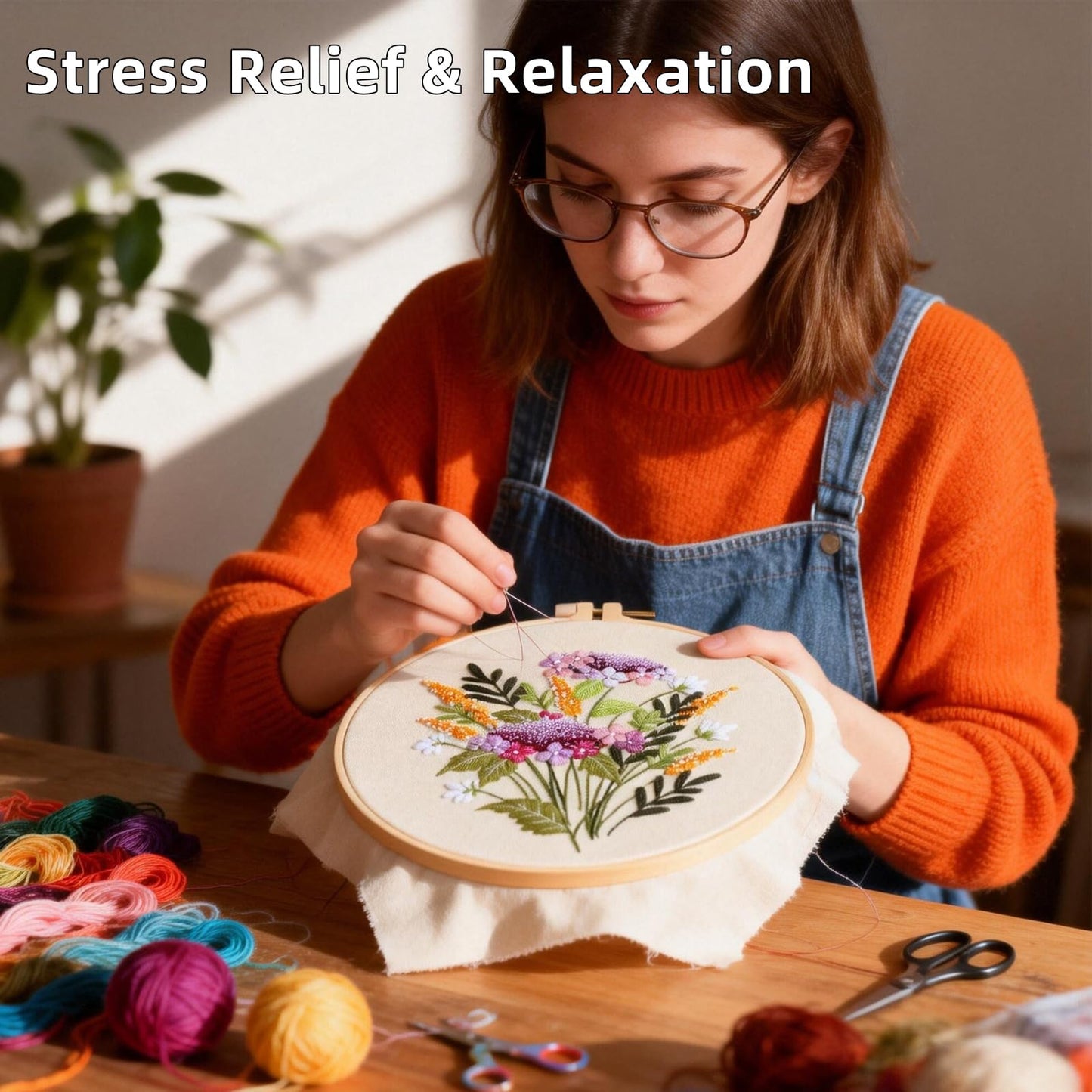 Herdiese 3PCS Embroidery Kit for Beginners with Floral Patterns – Cross Stitch Kits for Adults Including Hoop, Pre-Printed Fabrics, Threads, 9 Needles & Scissors – Easy Instructions
