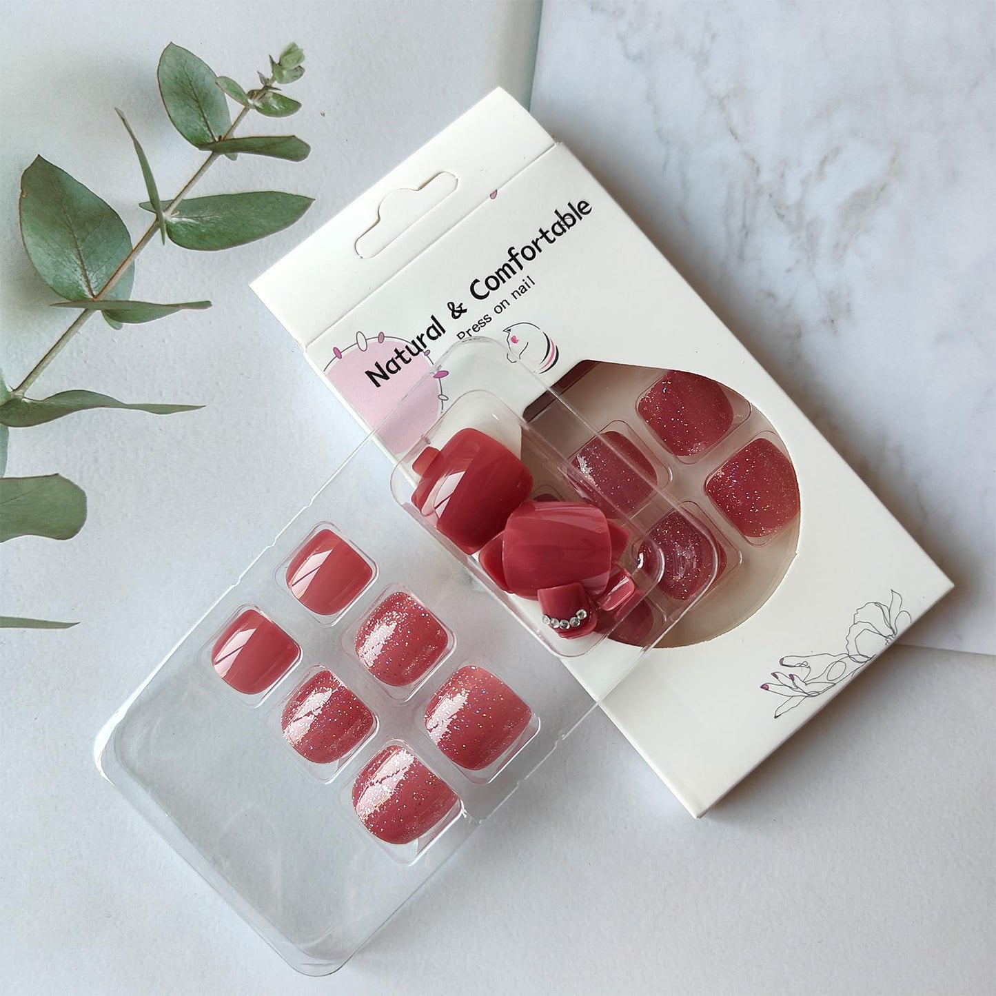 Short Square Press on Toenails Glitter Fake Toe Nails Glossy Acrylic Toe Nail Press ons Wine Red Toenails Press on Nails with Rhinestones Design Glue on Toe Nails for Women 24Pcs