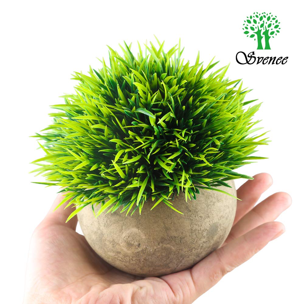 Svenee Mini Artificial Plants, Plastic Fake Green Grass Faux Greenery Topiary Shrubs with Grey Pots for Bathroom Home Office Décor, House Decorations (2)