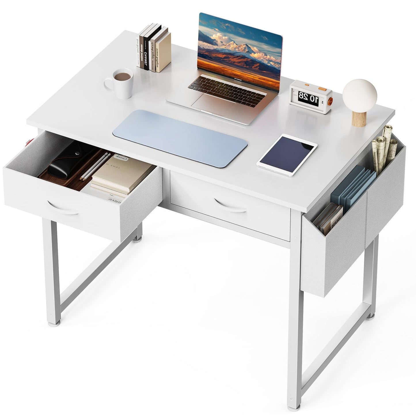 DUMOS 32" Home Office Computer Desk with Drawers, Small Gaming Writing Study Table with Storage Side Bag, Headphone Hook and Adjustable Feet for Bedroom White