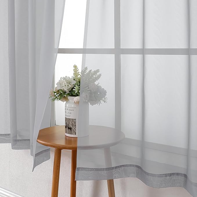 Lecloud Light Grey Sheer Curtains 96 Inches Long 2 Panels, Light Filtering Voile Airy Curtains, Elegant Transparent Solid Window Treatments with Rod Pocket for Living Room Bedroom, Each 42" W x 96" L