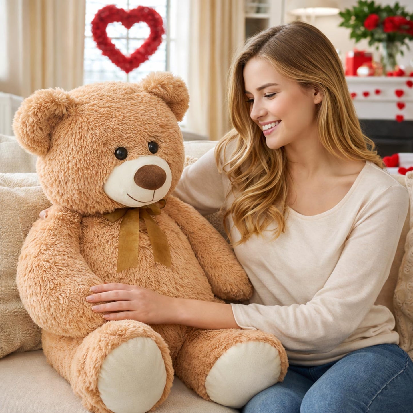 HollyHOME Big Teddy Bear Large Teddy Bear Stuffed Animal Birthday Valentines Day Plush for Kids and Girlfriend 36 inch Tan