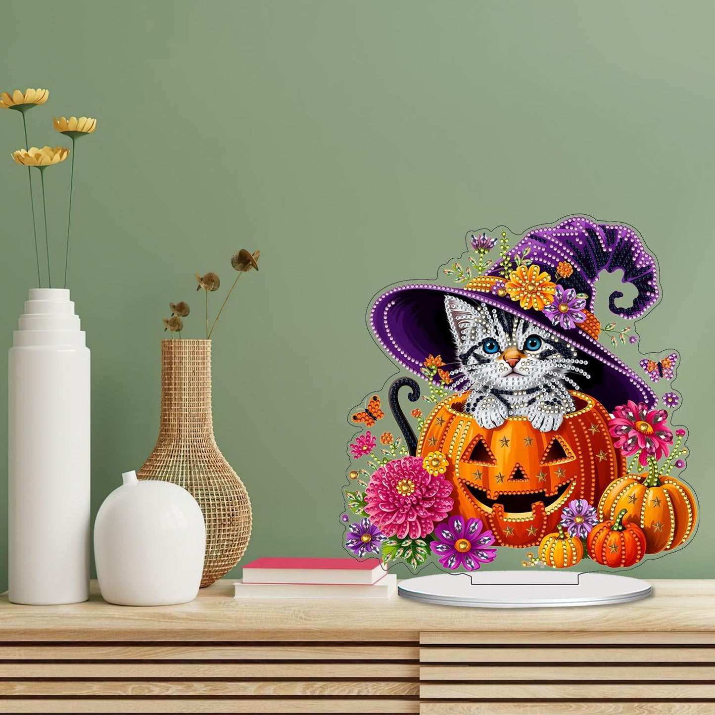 VODAPYC Halloween Diamond Art Tabletop Painting Kit, DIY Stand Up Double Sided Special Shaped Diamond Painting Desktop Ornament(Halloween-Cat)