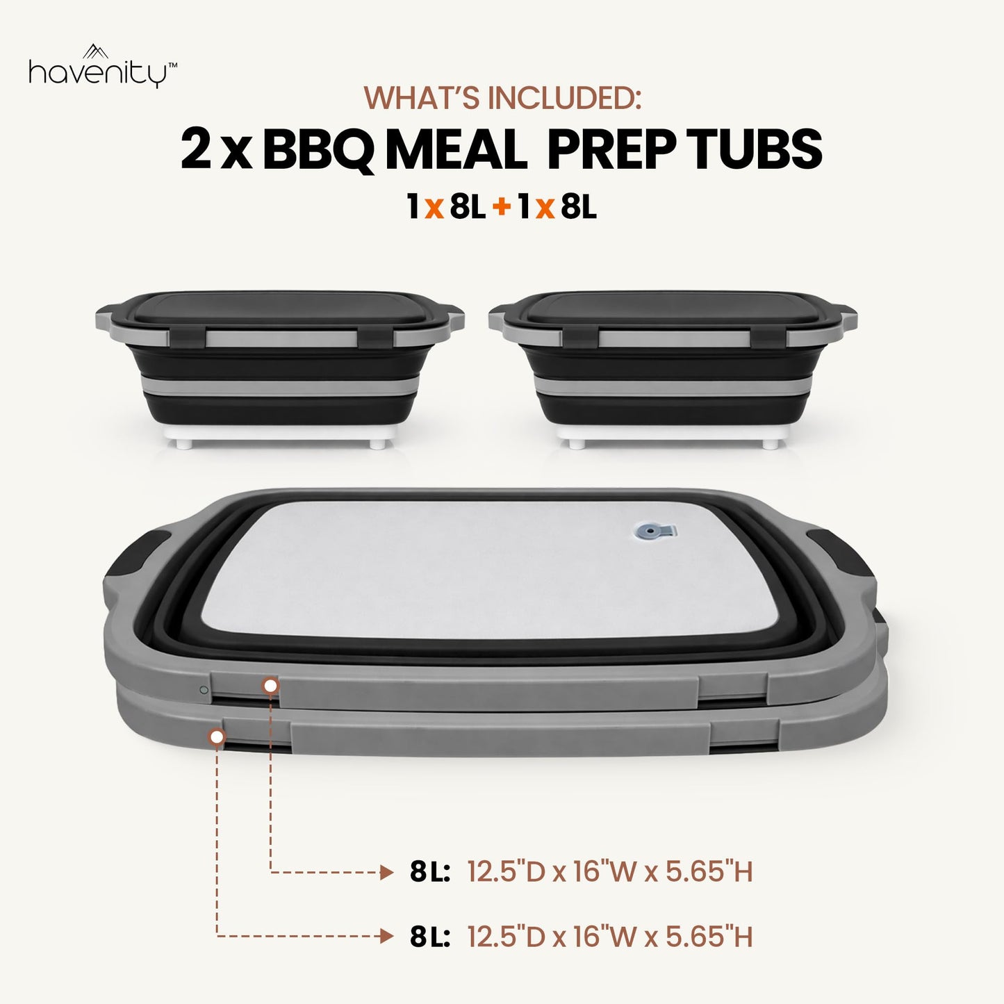 Havenity BBQ Prep Tub 2 Pack (8L+8L) - Multifunctional Collapsible Camping Cutting Board with Upgraded Locking lid, Meal Prep Meat Storage Container Perfect for Grilling, Outdoor Cooking (Large x 2)