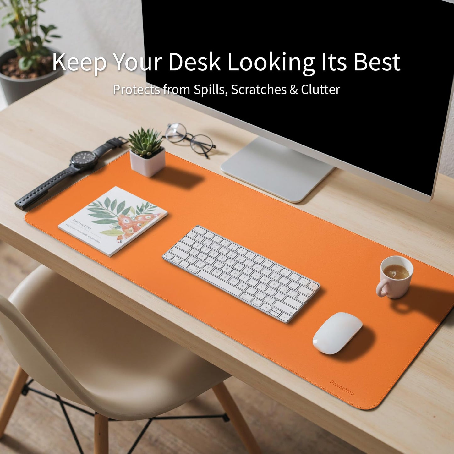 PROMATTOO Oversized Non-Slip Desk Pad Protector with Premium Gift Box – Vegan Leather Waterproof Laptop Mat for Keyboard & Mouse, Grips Desk Firmly – Large Office Pad – Sunset Orange