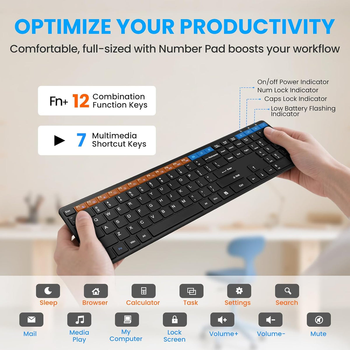Wireless Keyboard-2.4G Ultra Slim Quiet Full Size Matte USB PC Computer Keyboard,19 Multimedia Keys,Number Pad,Plug&Play,Lag-Free Ergo,Long Battery life for Desktop,Laptop,Smart TV,MAC,Windows,QWERTY