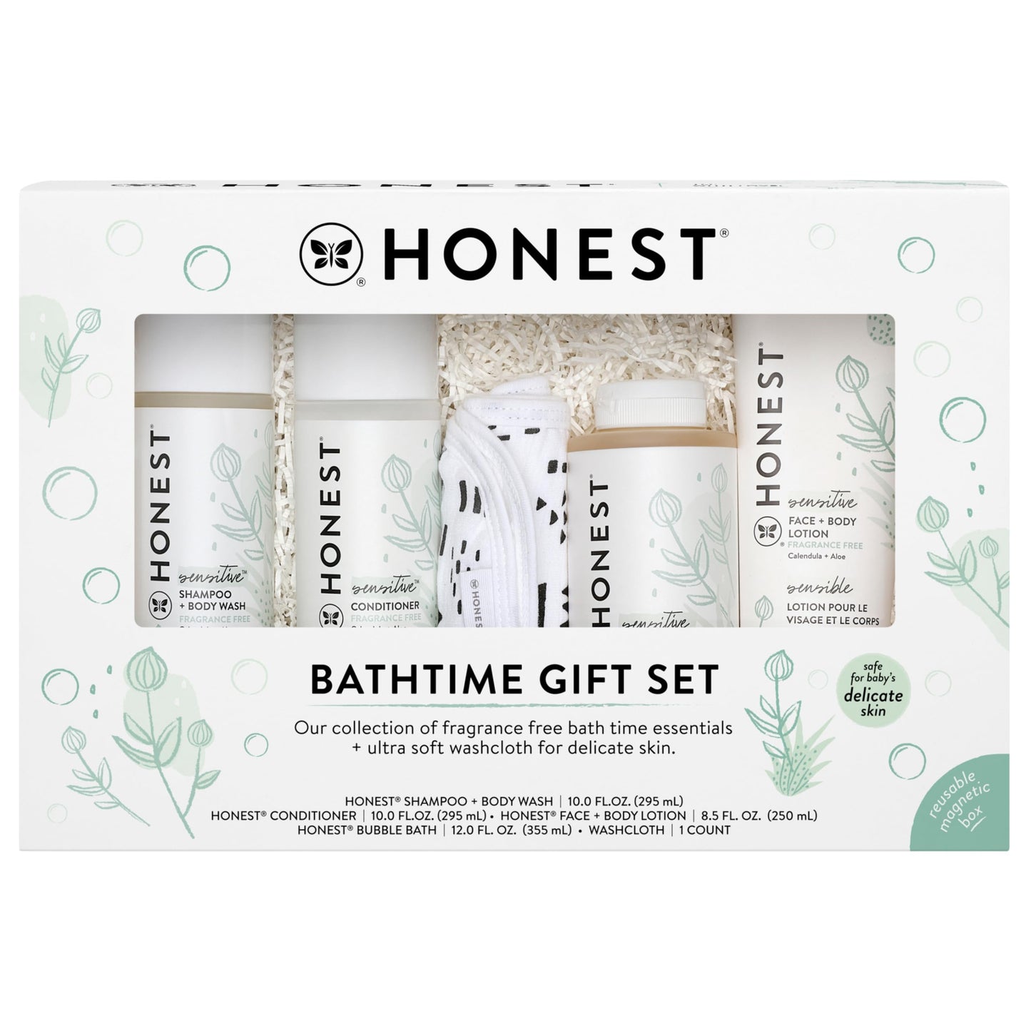 The Honest Company Fragrance-Free Bathtime Gift Set, Hypoallergenic, Bath Essentials for Sensitive Skin, Shampoo and Body Wash, Face Lotion, Bubble Bath, Conditioner, Wash Cloth