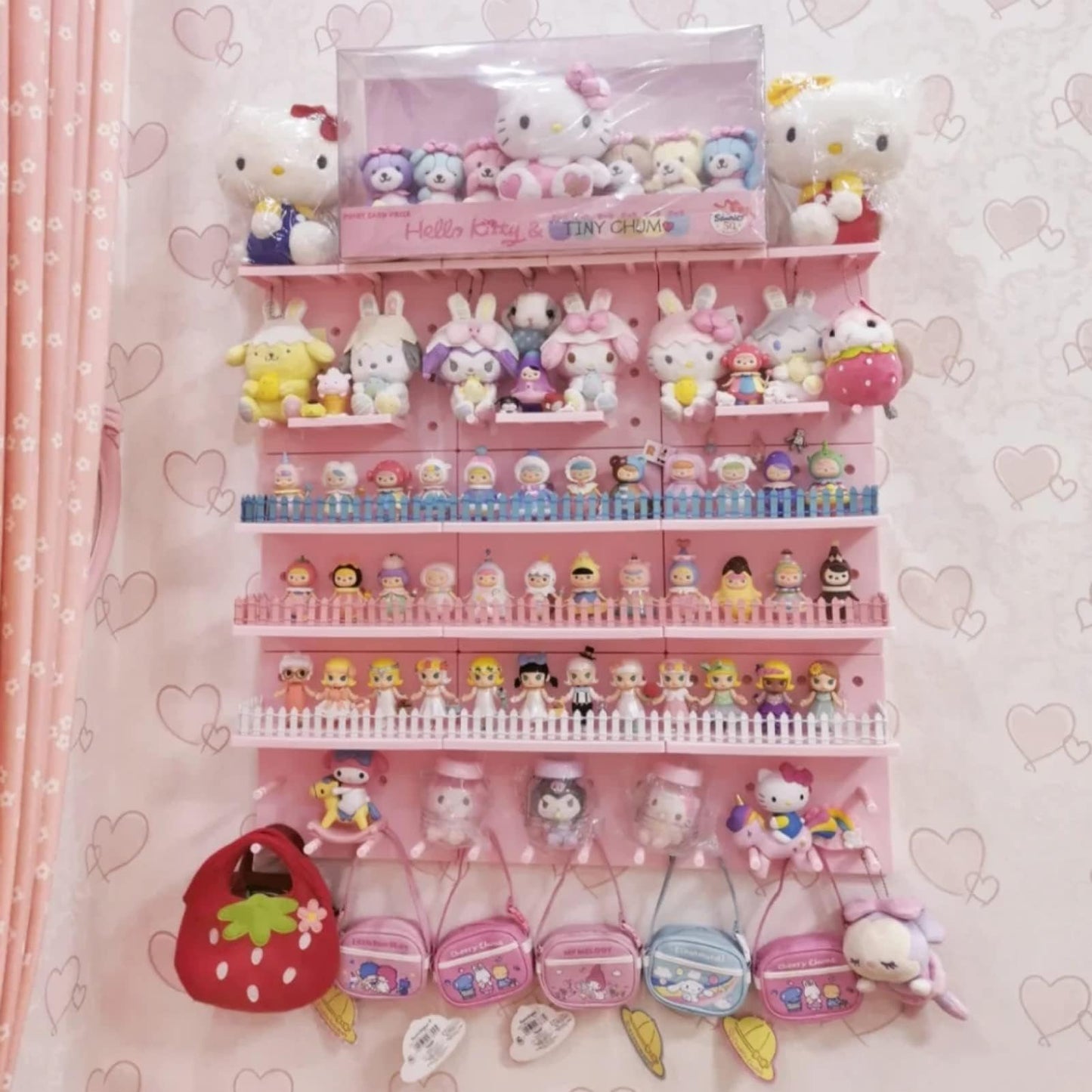 HGYZE Peg Boards for Wall with Shelf & Hooks, No Punching Craft Storage, Small Pegboard Ledges Organizer for Hanging Keychains, 4 Pack Decorative Wall Panel Kits for Blindboxes Lightweight Dolls, Pink