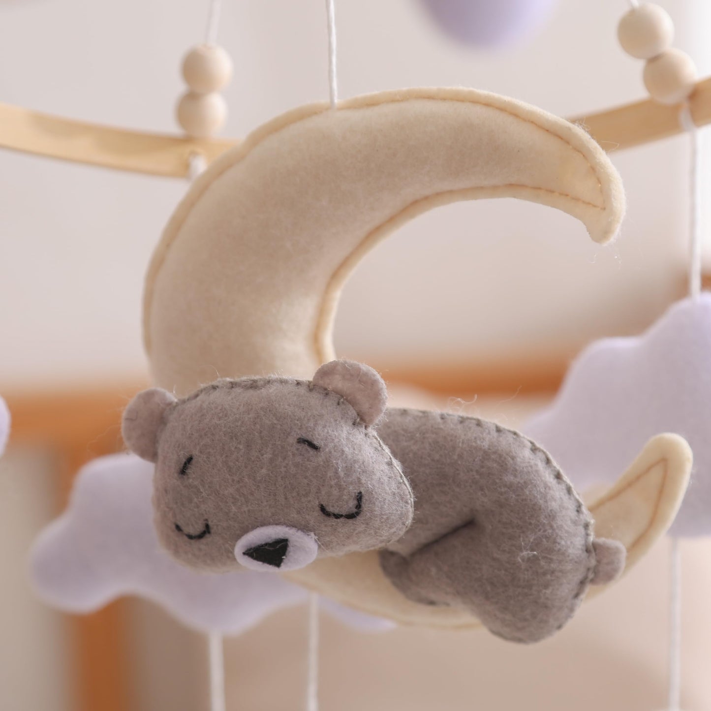 Baby Crib Mobile – Handmade Moon Bear Nursery Mobile, Mobile for Crib Neutral Felt Clouds Stars Hanging Toy, Beech Wood Ring Bassinet Mobile Baby Mobile Decor Gift