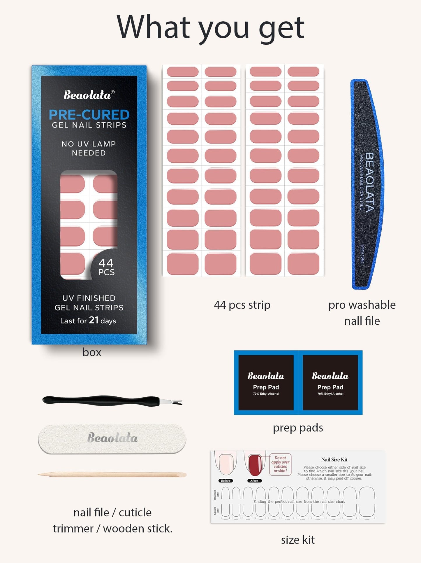 Beaolata Real Gel Nail Strips (No UV Light Needed) - 44Pcs Salon Quality Nail Stickers - Long Lasting Polish Wraps for Women, Easy Apply & Remove (Peach Nectar Pink)