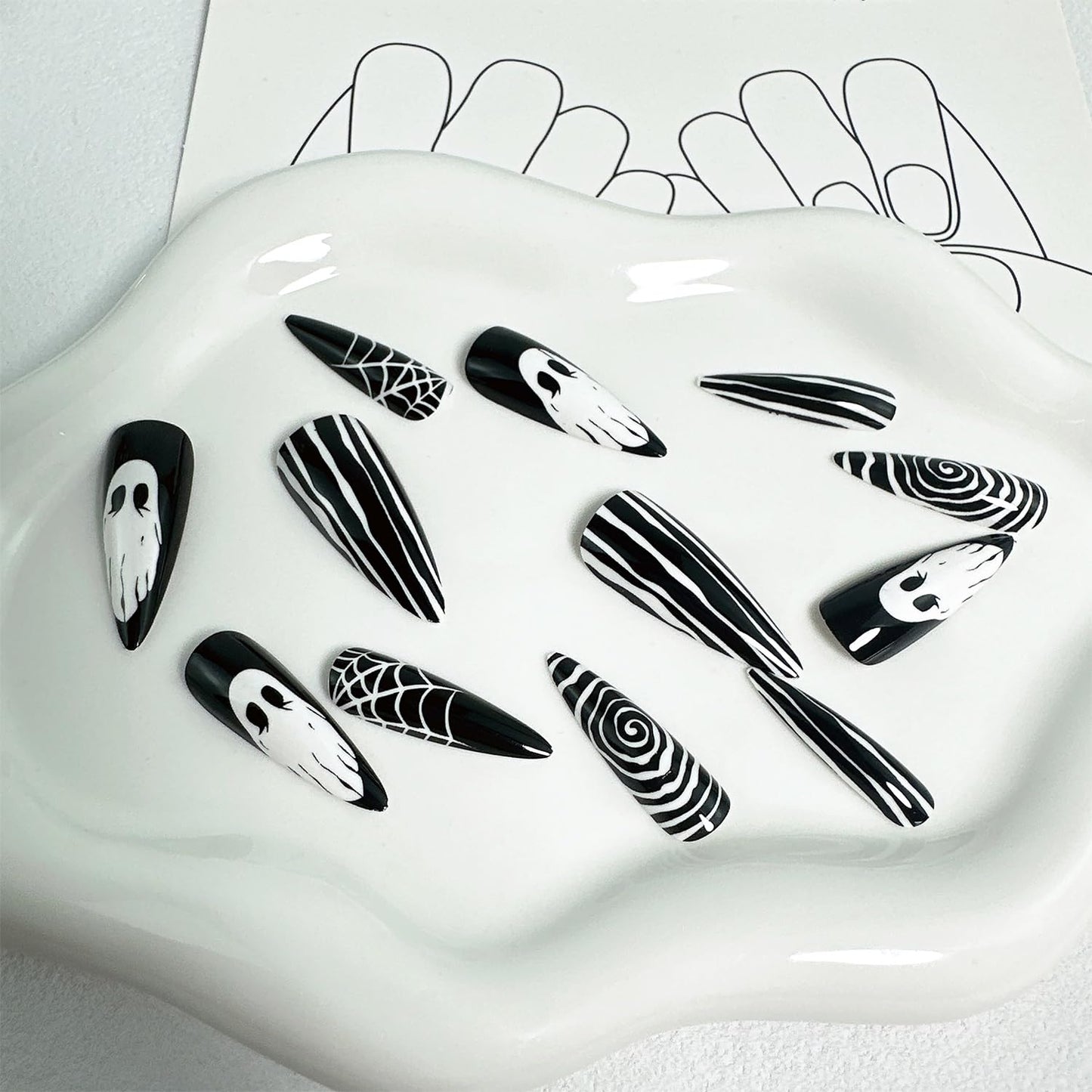 24pcs Halloween Press on Nails Long Almond Fake Nails with Designs White Ghost False Nails Kit Spider Web Glue on Nails Black Full Cover Stick on Nails for Women Holiday Nail Art Decoration