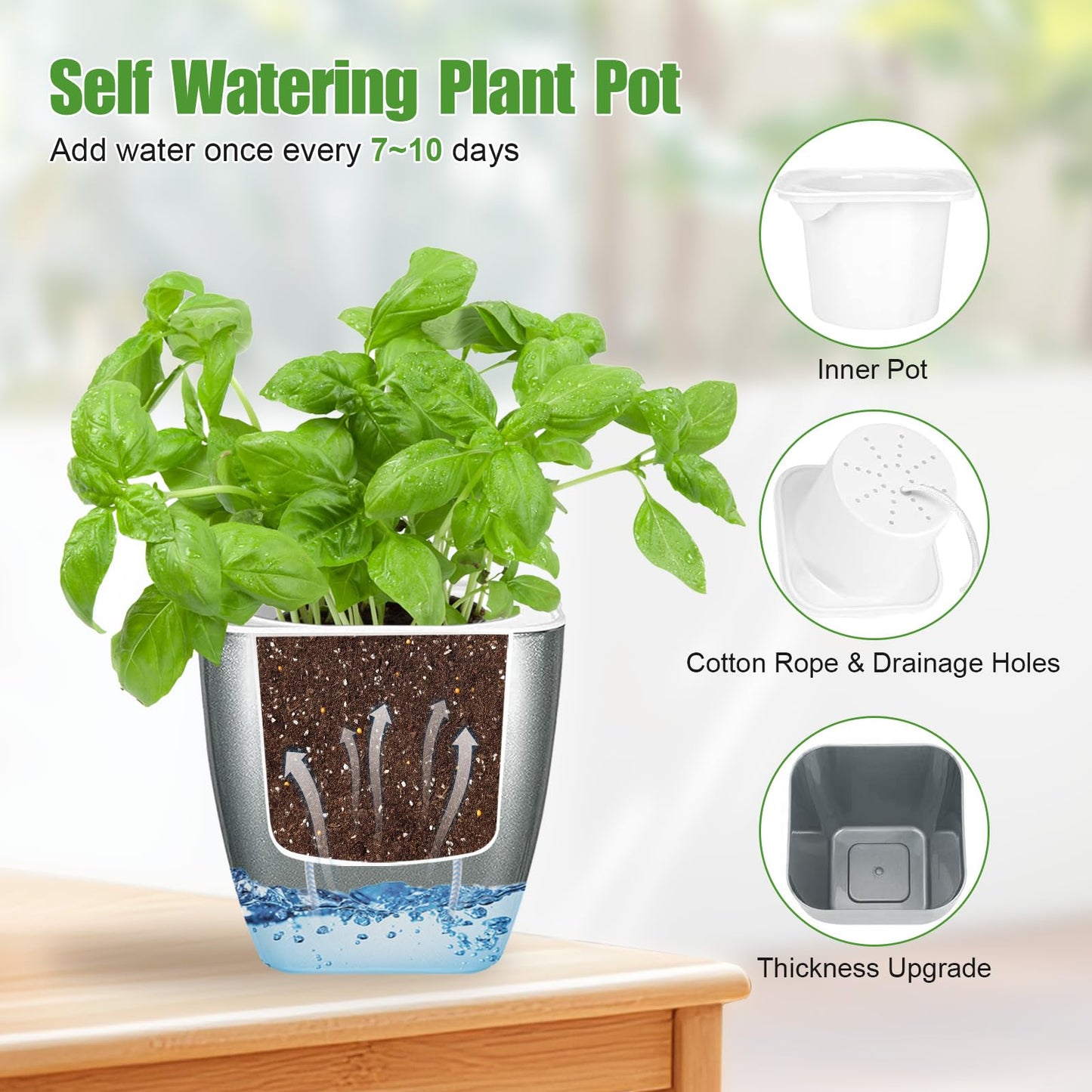Oliz 4 Pack Self Watering Pots 4-inch Decorative Flower Planters for Indoor Plants Modern Square planters for Small Plants Window Sill Planters for Succulents, African Violets, Herbs(Sliver Black)