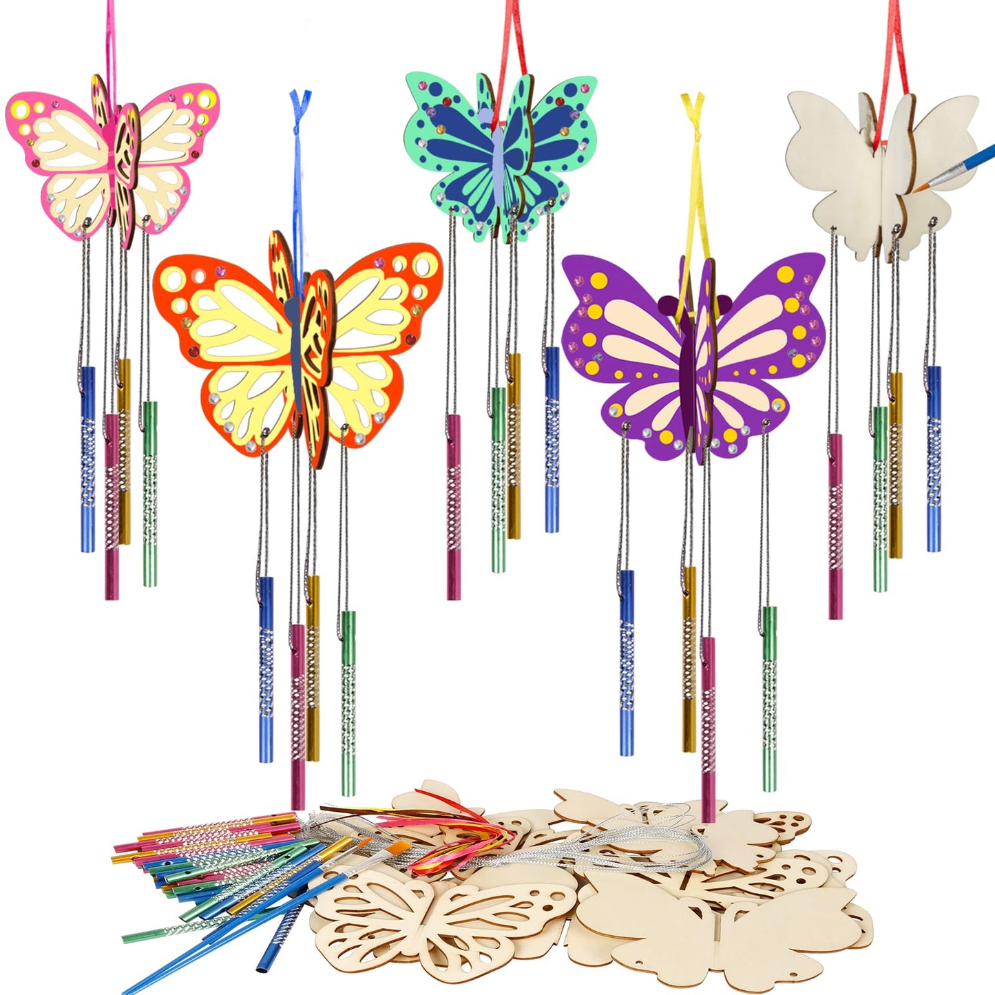 Fennoral 8 Pack 3D Butterfly Wind Chime Kit for Kids Make Your Own Butterfly Wind Chime Wooden Arts and Crafts for Kids DIY to Paint Butterfly Craft for Spring Art Activity Mother's Day Decoration