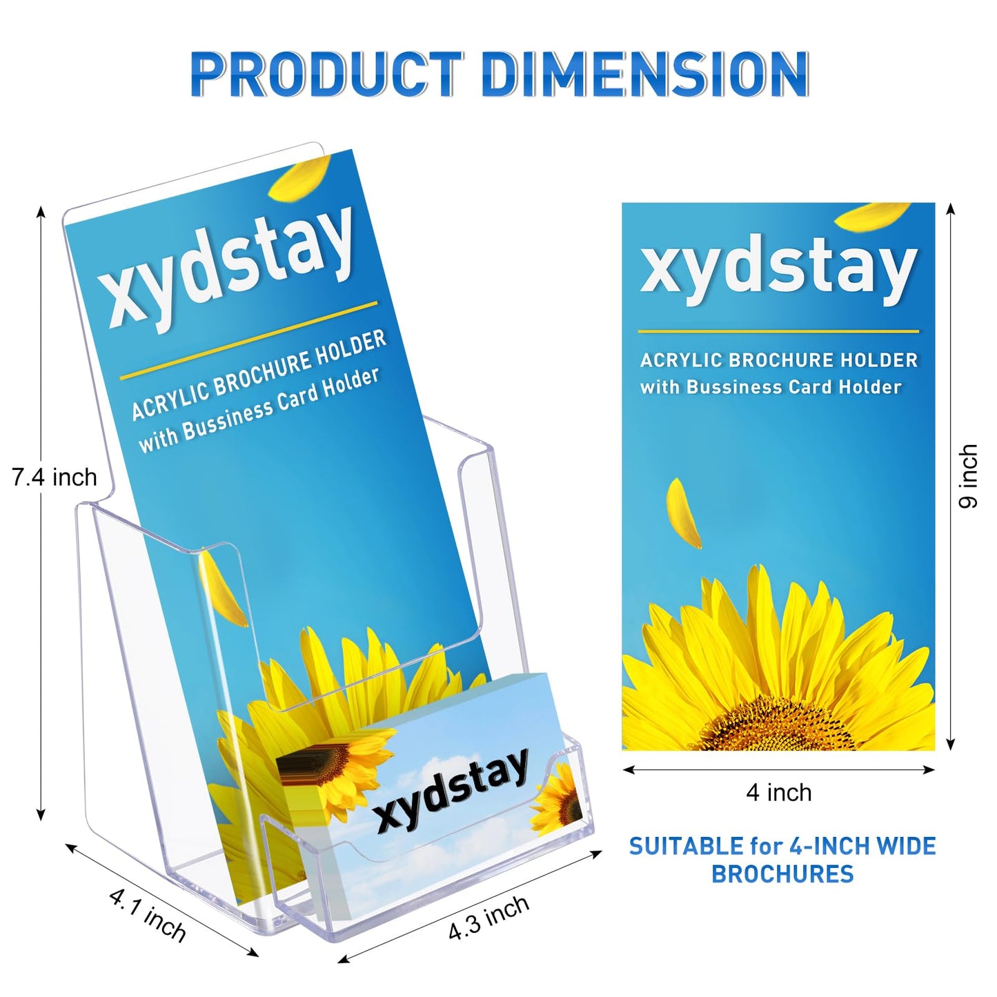 xydstay 4x9 Acrylic Brochure Holder with Business Card Holder, Clear Display Stand, Plastic Table stand Sign Holder, Pamphlet Holder Flyer Holder, Acrylic Display Stand for Office, Home, Store, 2 Pack