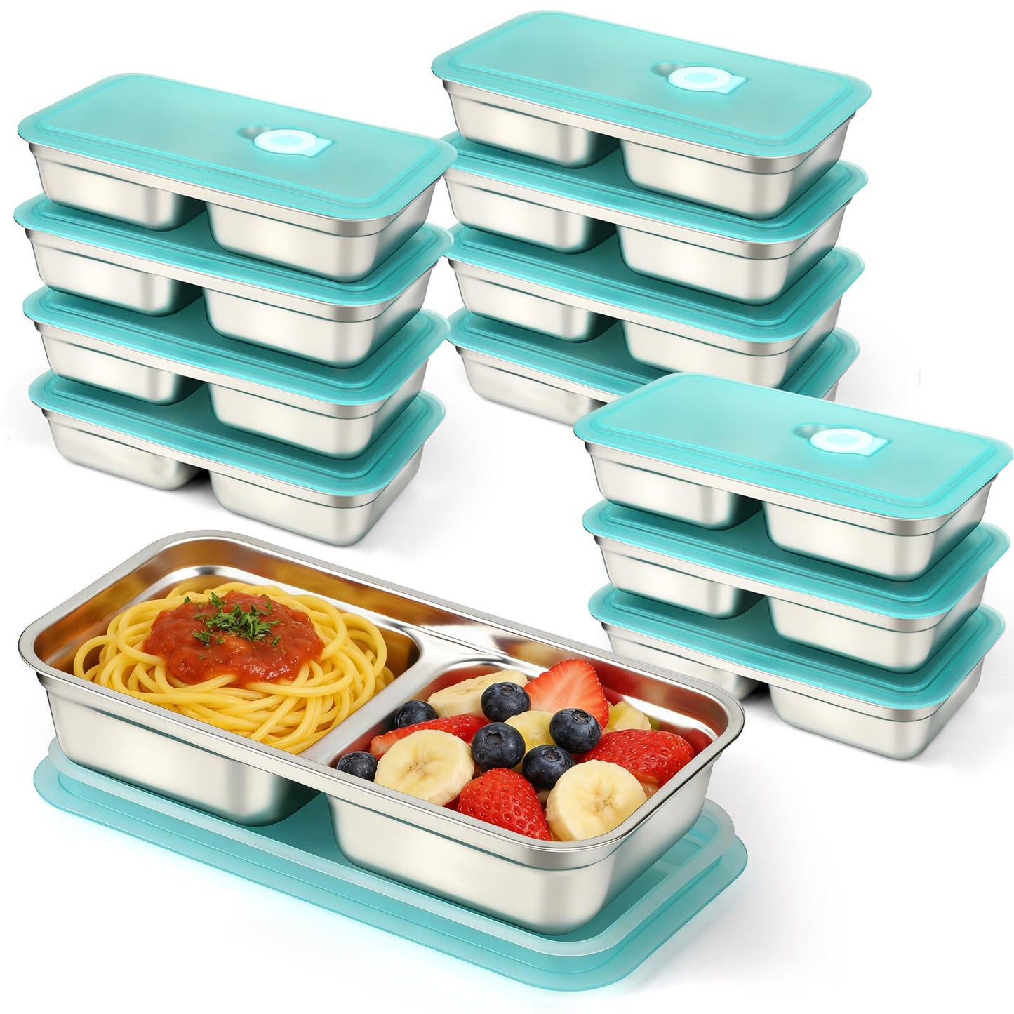 VZZNN 12 Pcs Stainless Steel Snack Containers with Lids, 30 oz Double Compartment Bento Box, Reusable Meal Prep & Lunch Box for Adults, Dishwasher Safe, Leakproof (Metal Divided Container Set)