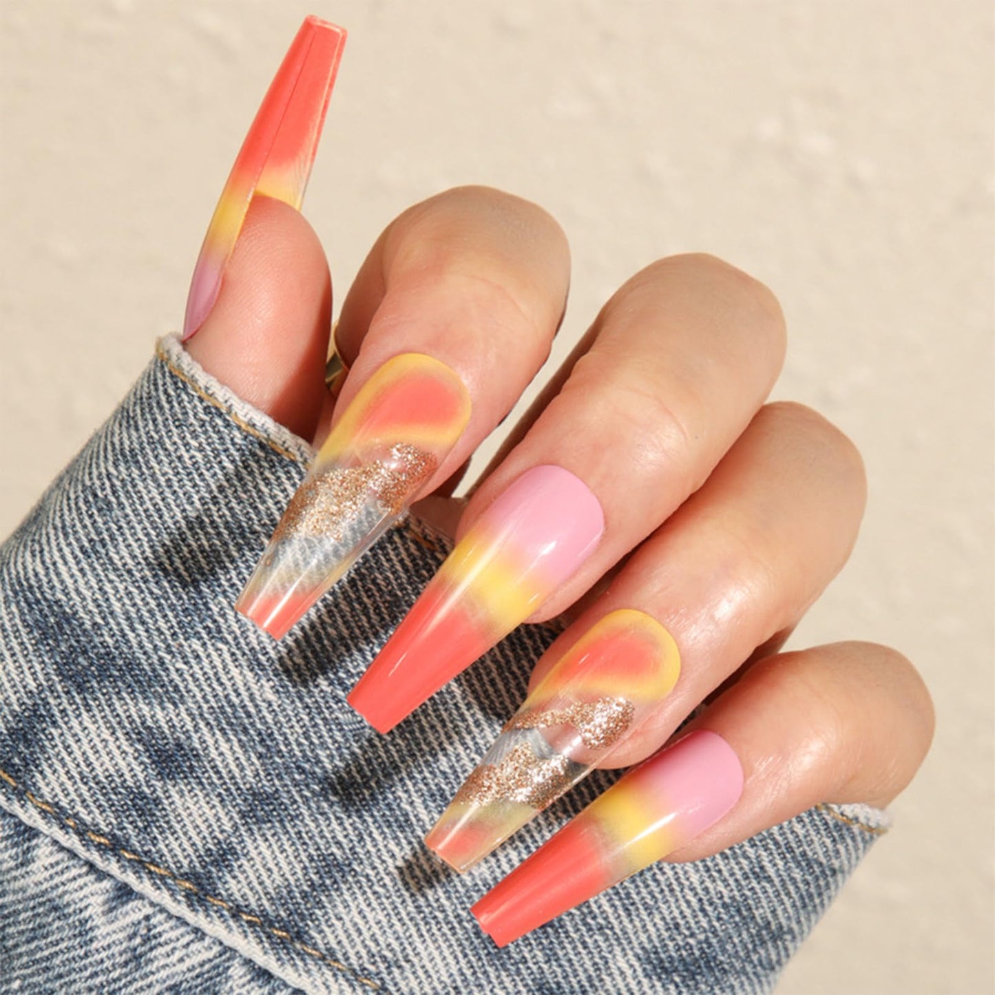 IMSOHOT Long Press on Nails Coffin French Tip Fake Nails Yellow Orange Gradient False Nails with Gold Foil Designs Clear Glossy Glue on Nails