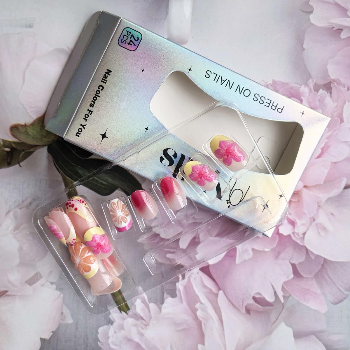 QUNQINLI French Tip Press on Nails Short Oval Fake Nails Press ons Nail Art Tips with 3D Lemon Flowers Design Pink Gradient False Nails Full Cover Nude Glossy Glue on Nails for Women 24 Pcs